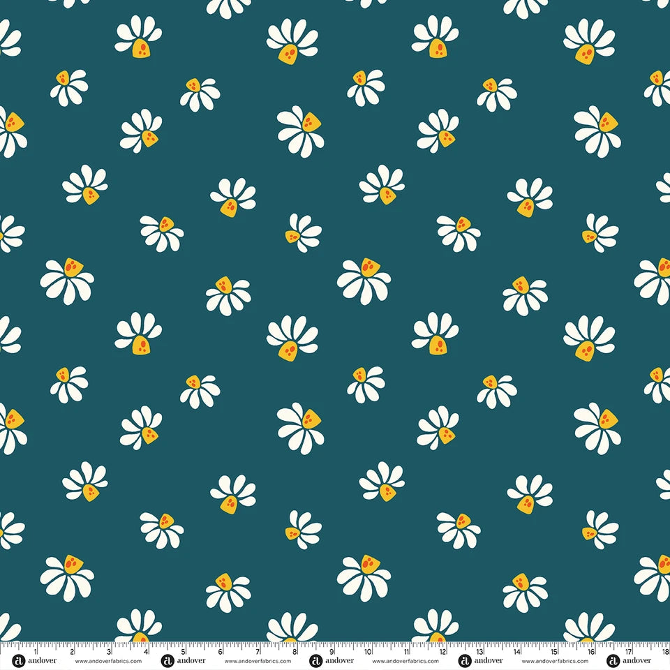 Patchwork and Petals - Cheerful Blooms Midnight Teal